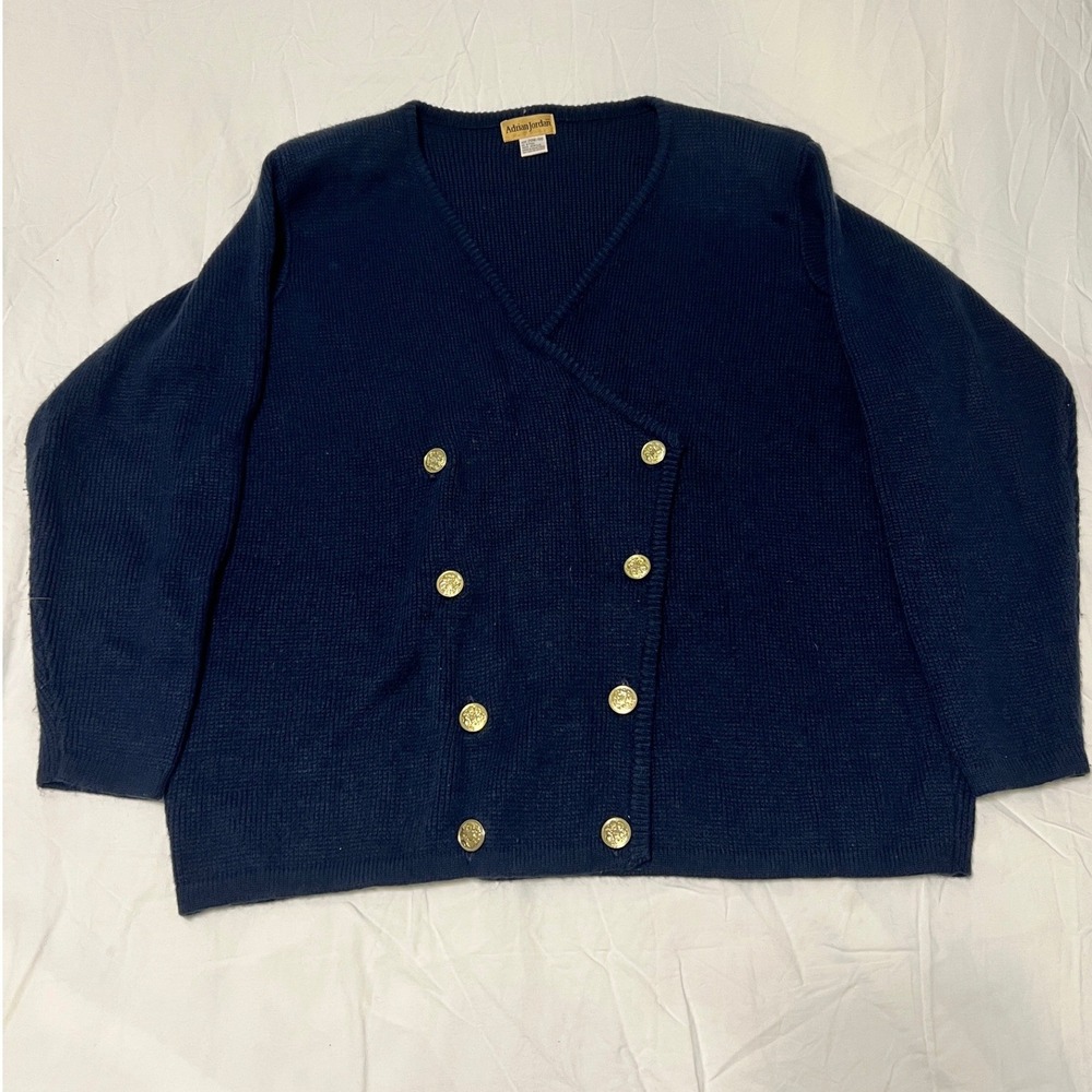Adrian Jordan Womens 20W Navy Blue Double Breasted Gold Crest Button Cardigan